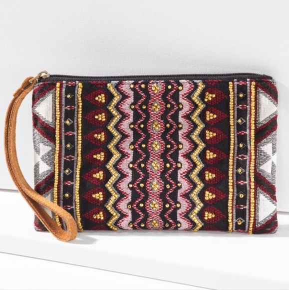 Handmade Hand Beaded Wristlet Clutch - Ethnic Inspired Design - Dyed Fine Cotton - Picture 2 of 6